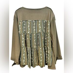 In Loom Green Ruffle Back Floral Mixed Media Top Large Oversized Boho Cottagecor